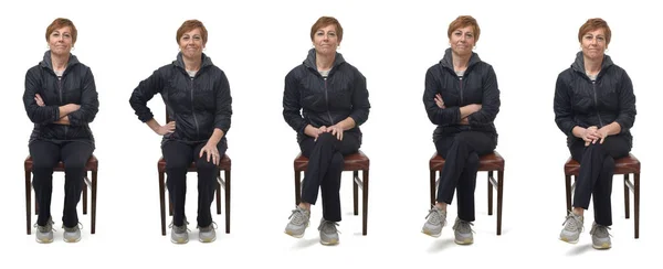 Přední Pohled Stejná Žena Oblečení Sportovním Oblečení Onorak Sedí Židli — Stock fotografie