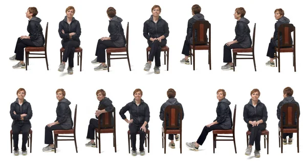Skupina Stejné Ženy Oblečené Sportovním Oblečení Sedí Židli Bílém Pozadí — Stock fotografie