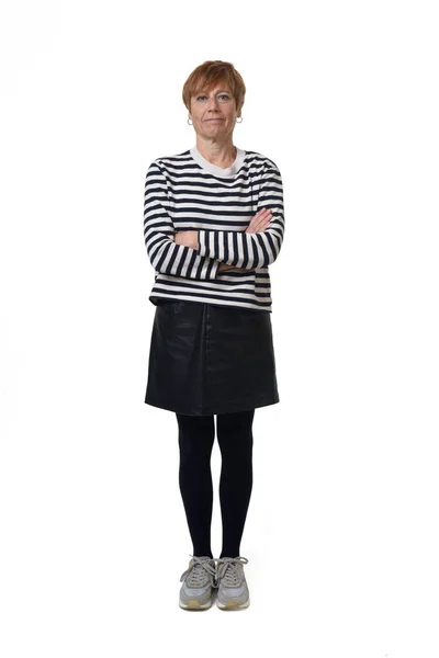 Front View Full Length Portrait Woman Skirt Striped Sweater Sneakers — Stockfoto
