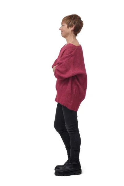 Vista Lateral Retrato Comprimento Total Mulher Calças Jeans Apertadas Braços — Fotografia de Stock