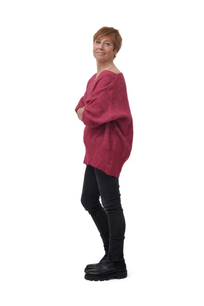 Vista Lateral Retrato Comprimento Total Mulher Calças Jeans Apertadas Olhando — Fotografia de Stock