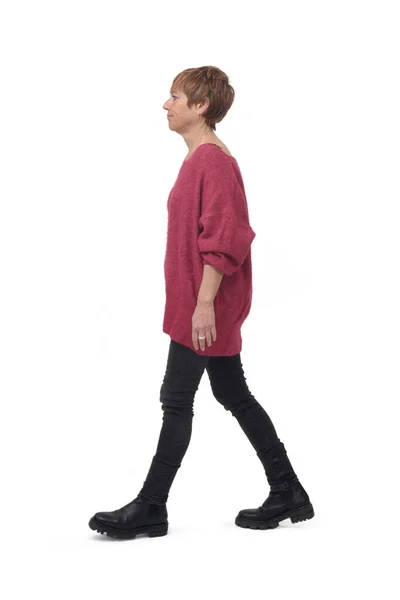 Vista Lateral Retrato Cuerpo Entero Mujer Caminando Pantalones Ajustados Jean —  Fotos de Stock