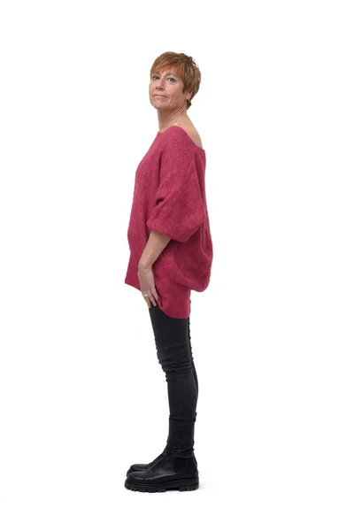 Side View Woman Standing Looking Camera White Background — Photo