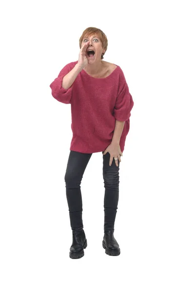 Front View Screaming Woman Open Mouth Raised Arms Looking Camera — Stock Photo, Image