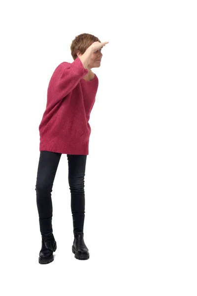 Vista Lateral Mulher Olhando Para Longe Com Mão Testa Fundo — Fotografia de Stock