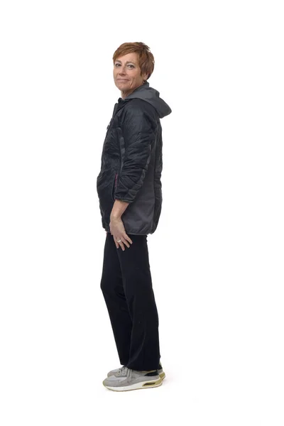 Side View Woman Sportswear Looking Camera White Background — 스톡 사진