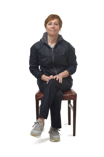 Front View Middle Aged Woman Sitting Chair Dressed Sportswear Her — Stock Photo, Image