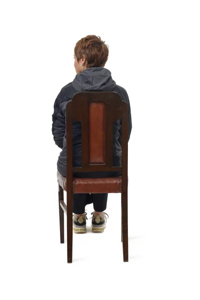 Visão Traseira Uma Mulher Meia Idade Sentada Uma Cadeira Vestida — Fotografia de Stock