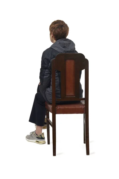 Πίσω Και Πλαϊνή Όψη Μεσήλικας Γυναίκας Που Κάθεται Καρέκλα Ντυμένη — Φωτογραφία Αρχείου
