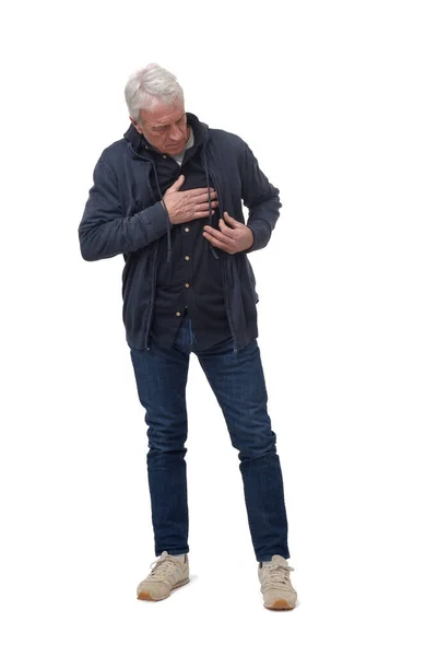 Портрет Повної Довжини Людини Грудях Біль Ізольованому Білому — стокове фото