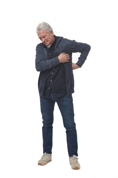 Retrato Comprimento Total Homem Com Dor Lado Esquerdo Isolado Branco — Fotografia de Stock