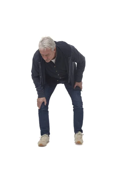 Full Portrait Front View Man Crouched Looking Floor White Background — Stock Photo, Image
