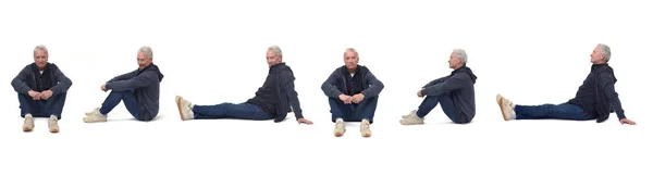 Varias Poses Del Mismo Hombre Sentado Suelo Sobre Fondo Blanco — Foto de Stock