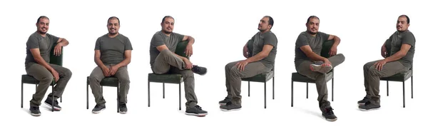Verschiedene Posen Desselben Mannes Der Auf Dem Stuhl Auf Weiß — Stockfoto