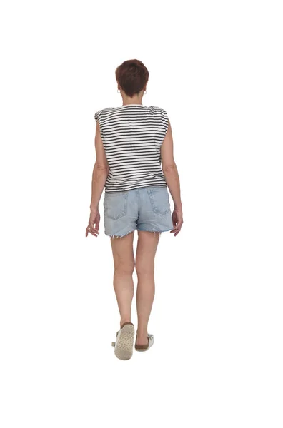 Back View Full Portrait Middle Aged Woman Walking White Background — Stok fotoğraf