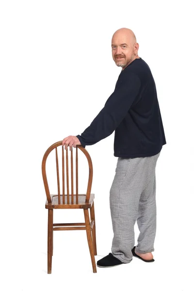 Side View Man Pajamas Standing Plaiyng Chair Looking Camera White — Stock Photo, Image