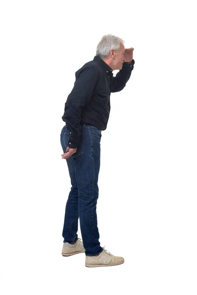 Zijaanzicht Van Staande Man Met Hand Voorhoofd Witte Achtergrond Stockfoto