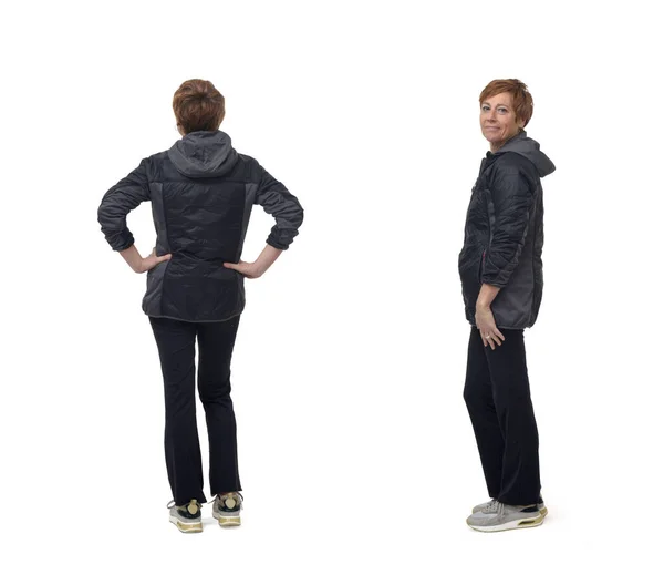 Rück Und Seitenansicht Gleiche Frauenkleidung Sportbekleidung Und Onorak Auf Weißem — Stockfoto