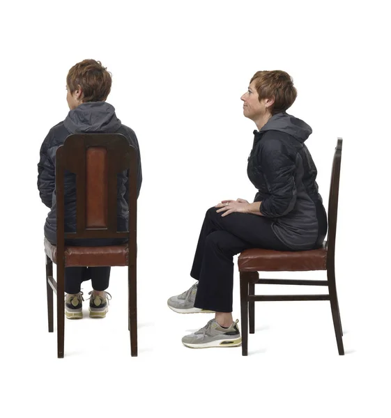Rück Und Seitenansicht Gleiche Frauenkleidung Sportbekleidung Sitzend Auf Stuhl Auf — Stockfoto