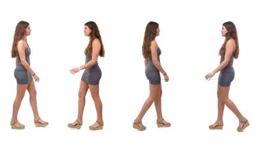 Yan manzara, beyaz arka planda yürüyen aynı genç kız.