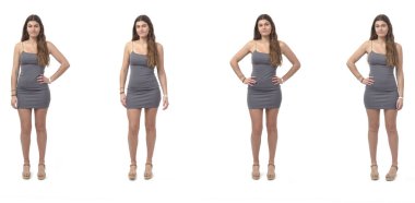 Ayakta duran ve beyaz arka planda çeşitli pozlar veren aynı genç kızın ön görüntüsü