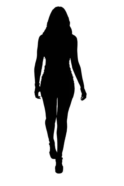 Черный Белый Силуэт Переднего Вида Молодой Девушки Идущей Белом Фоне — стоковое фото