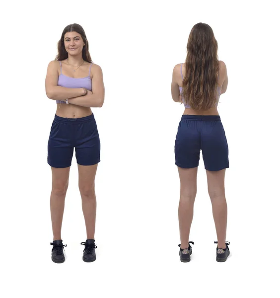 Front Back View Young Girl Standing Arms Crossed White Background — Stock Photo, Image