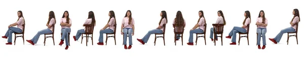Beyaz Arka Planda Oturan Aynı Genç Kızdan Oluşan Geniş Bir — Stok fotoğraf