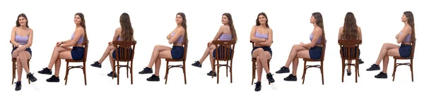Portrait Same Girl Various Poses Sitting Chair White Background — Stock Photo, Image