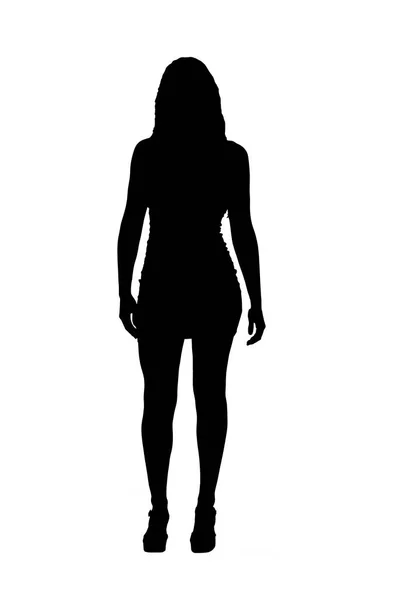 站在前视图中的年轻女孩的轮廓 穿着白色背景的短裙 — 图库照片
