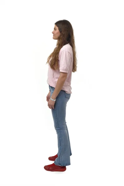 Oldalnézetben Egy Fiatal Lány Áll Fehér Háttér Stock Kép