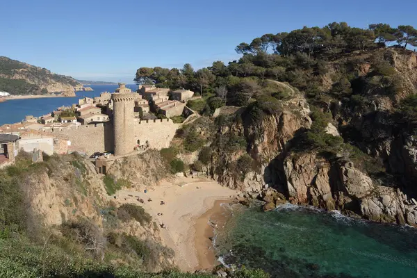 stock image view of the medieval town of Tossa de Mar from the mountain near Cala es Codolar beach, Girona province, Catalonia, Spain