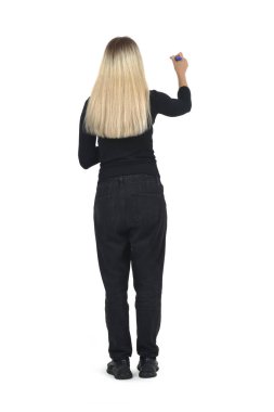 Beyaz arkaplana hayali bir şekilde çizen ya da yazan bir kadının arka planı.