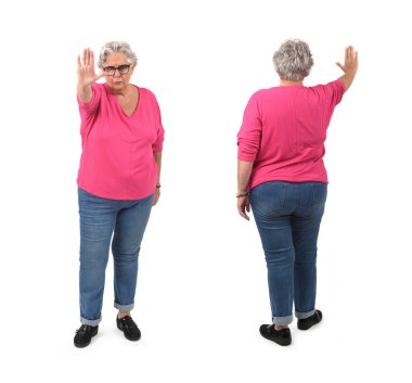 back and front view of same senior woman showing the stop sign with their hands on white background clipart