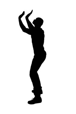 silhouette of  side view of a standing man holding or pushing something imaginary upwards.
