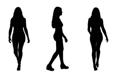  Kısa elbiseli bir kızın ön, yan ve arka görünüşü. 