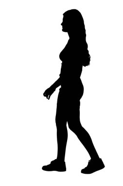 Beyaz arka planda yürüyen genç bir kızın yan görüntüsü