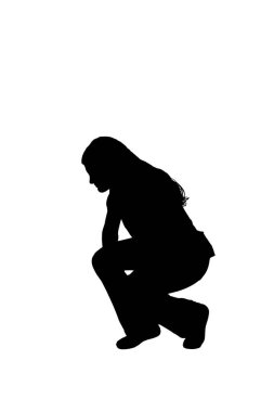 Beyaz arka planda çömelmiş ve araştıran genç bir kızın yan görüntüsü