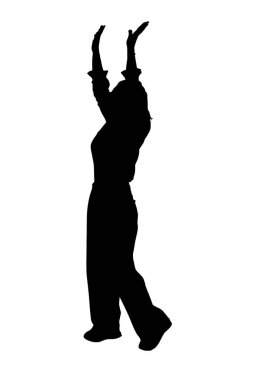 Beyaz arka planda kollarını kaldıran mutlu bir kadının yan görünüşü.