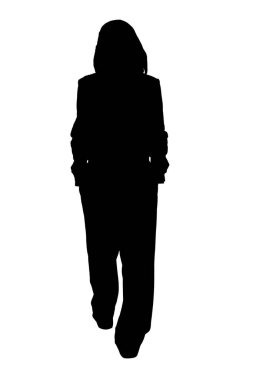 Siyah elbiseli bir kadının silueti elleri ceplerinde beyaz arka planda yürüyen bir kadının.