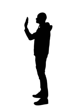 silhouette of  side view of a standing man greeting on white background