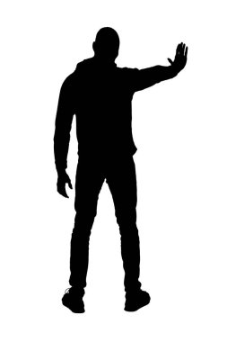 silhouette of  back view of a  man showing stop sign on white background