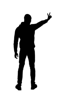 silhouette of  back view of a man showing victory sign with fingers on white background
