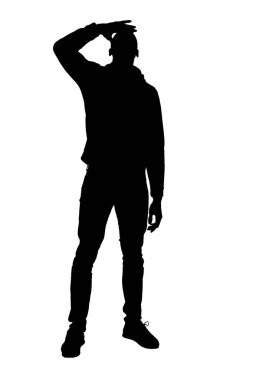 silhouette of   front view of a a man hand on forehead look up on white background