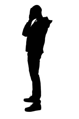 silhouette of  side view of a man covering her face with her hand on white background