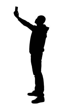 silhouette of  Side rear view of a man taking a self-portrait with his arm raised with a smartphone on white background.