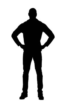 Beyaz arka planda duran Afrikalı bir adamın ön manzara portresinin silüeti.