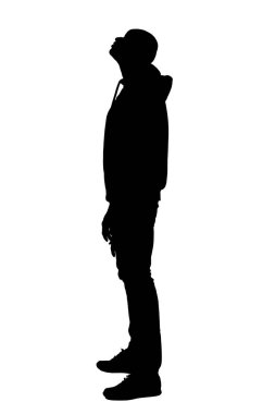 silhouette of  side view of a man look up on white background