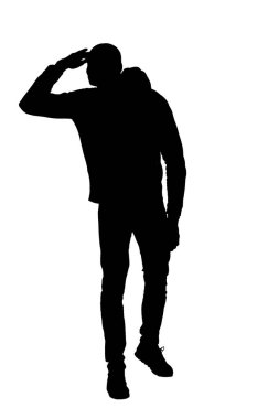 silhouette of   front view of a a man hand on forehead look side on white background