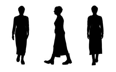  silhouette of same woman front side and back view walking, dressed in boots and dress